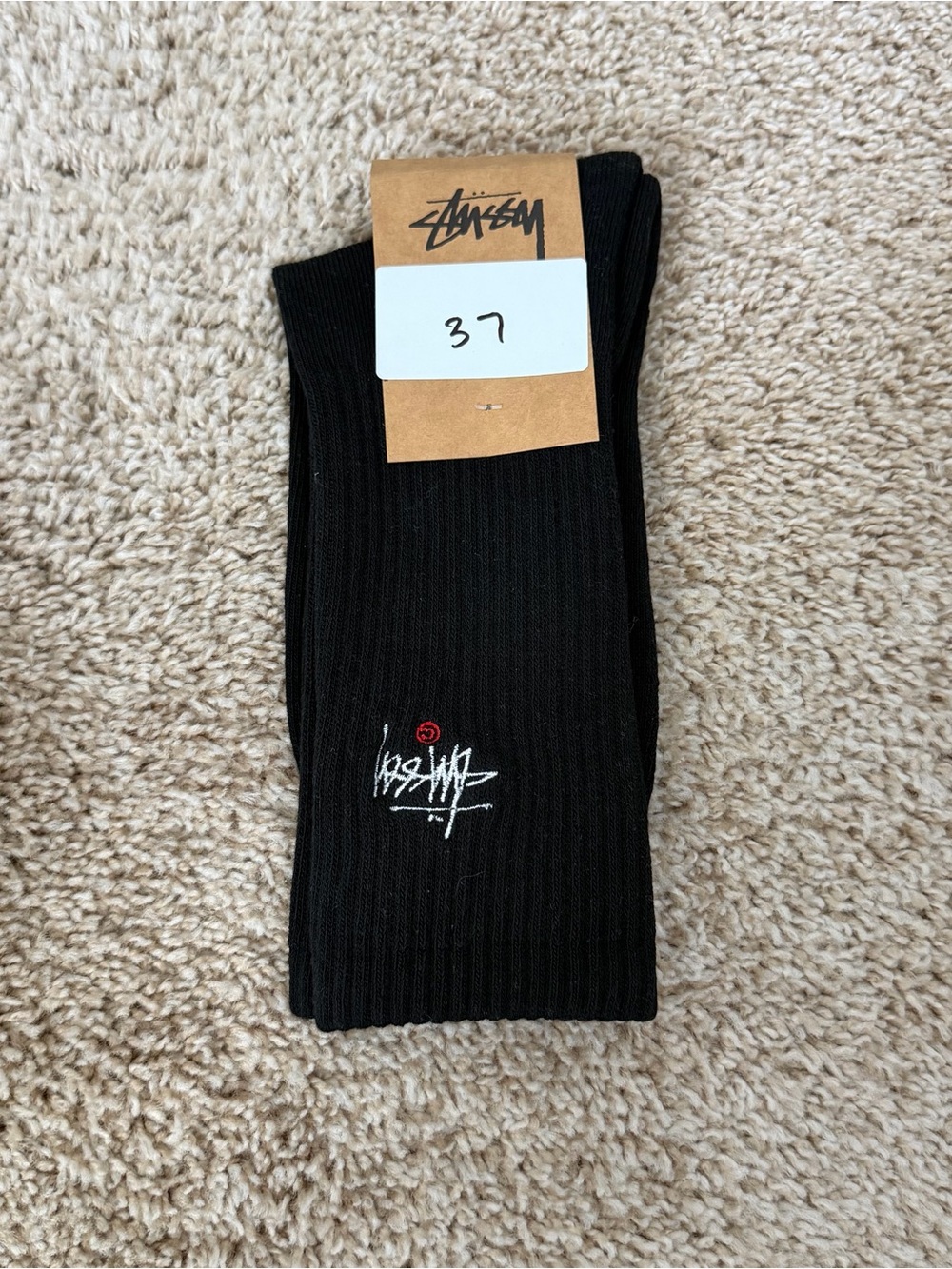 Stussy Black Ribbed Crew Socks with White Logo Accent